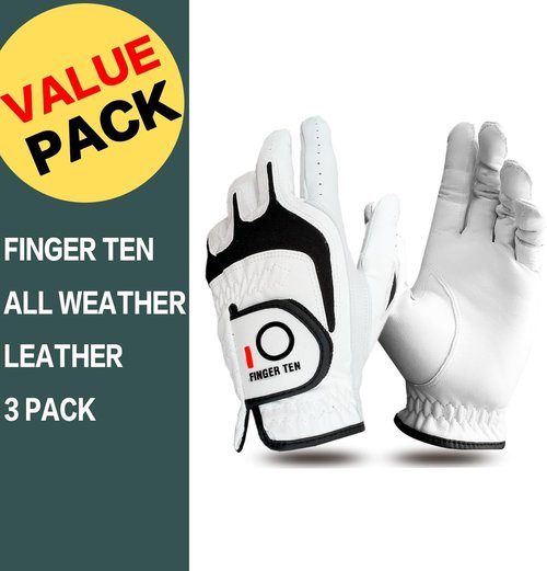 FINGER TEN Premium Golf Gloves - Cabretta Leather, All-Weather Grip, Comfortable Fit | Sizes S-XL