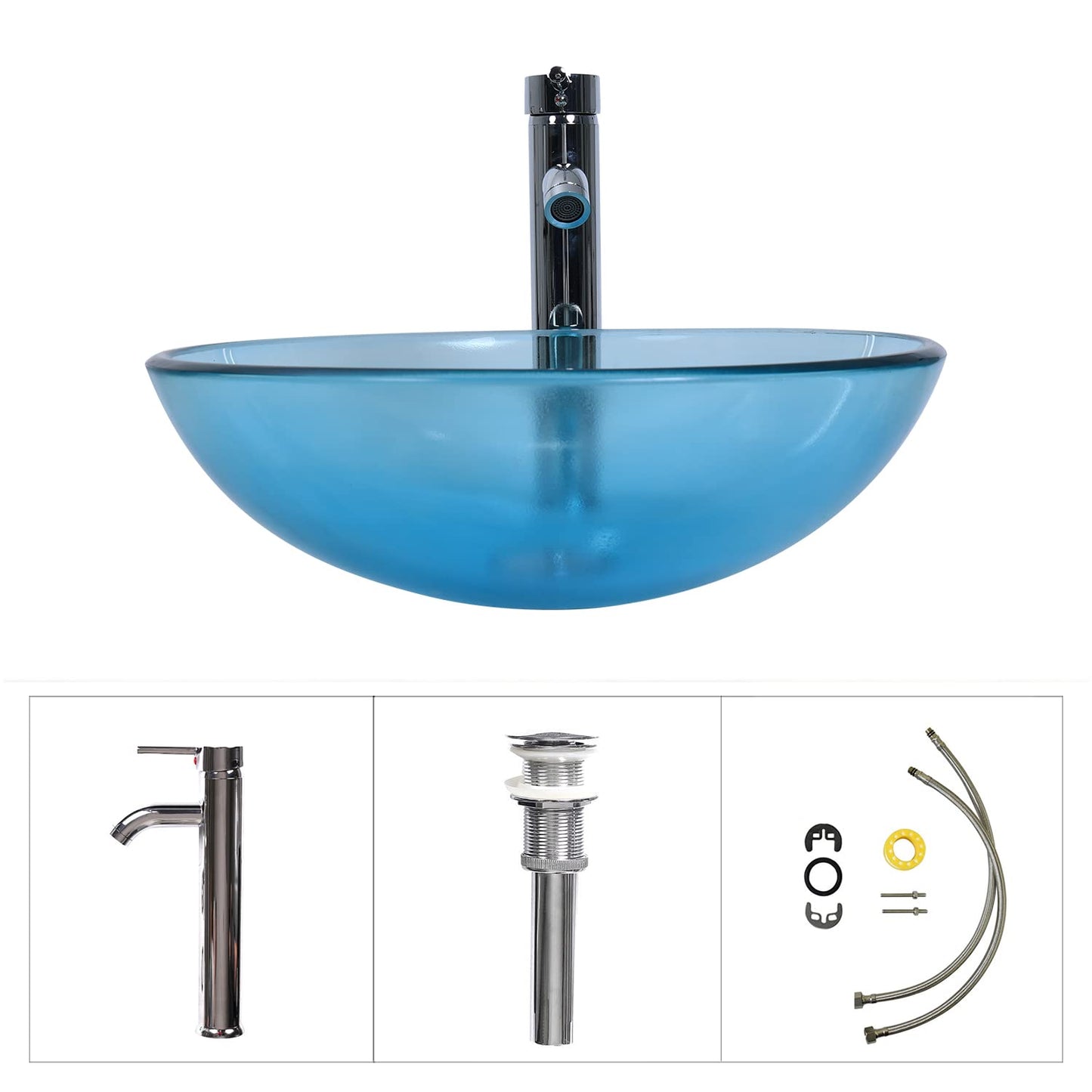 Bathroom Vessel Sink, Tempered Glass Vanity Round Bowl with Chrome Faucet and Pop up drain Set, Blue