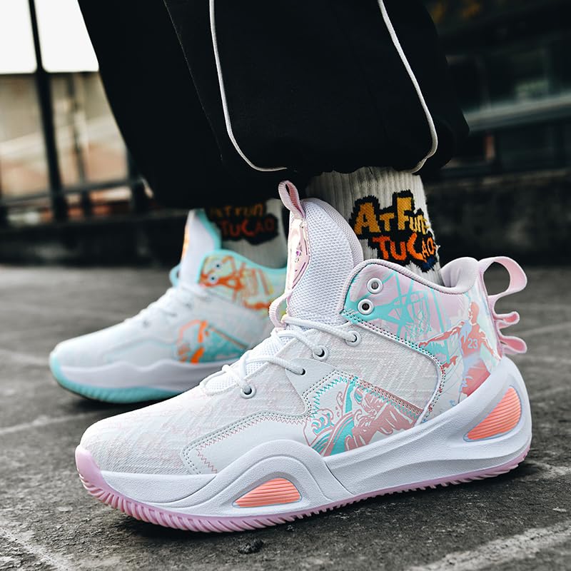 KIUSMETY 9 Women / 8 Men Green Pink High Top Basketball Shoes – Breathable Non Slip Outdoor Sneakers