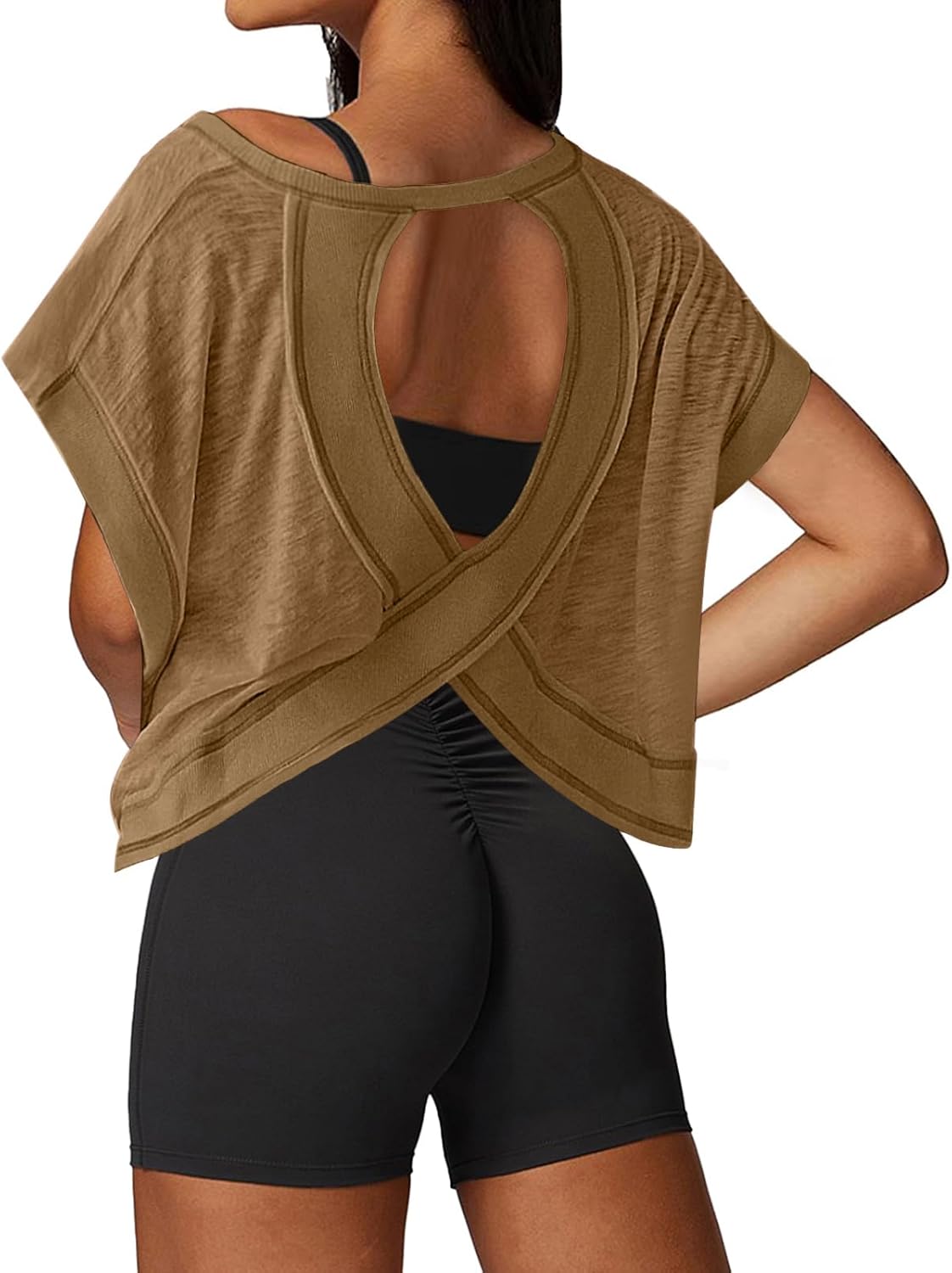 UNIANKIYA Women's Open Back Workout Tops - Loose Fit Athletic Crop Tee for Gym & Yoga, Short Sleeve
