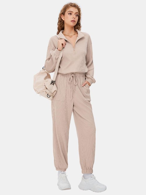 EXLURA Women's Fall 2 Piece Waffle Lounge Set Sweatsuit 2024 Travel Half Zip Sweatshirts Pants Jogging Tracksuit Outfits
