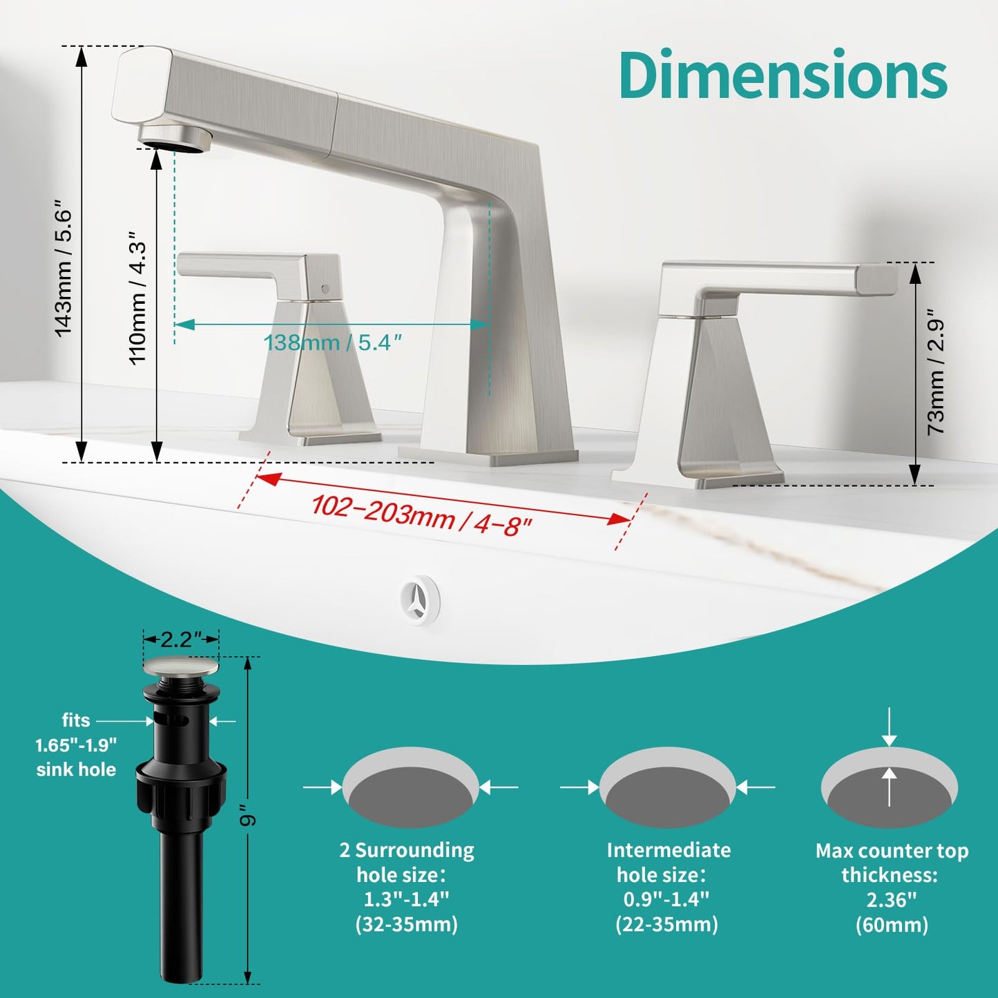 MIAOHUI Brushed Nickel Pull Out Bathroom Faucets 3 Hole, 8 Inch Widespread Bathroom Sink Faucet, Double Handle Vanity Faucet for Bathroom Sink, with Pop-up Drain and Supply Lines