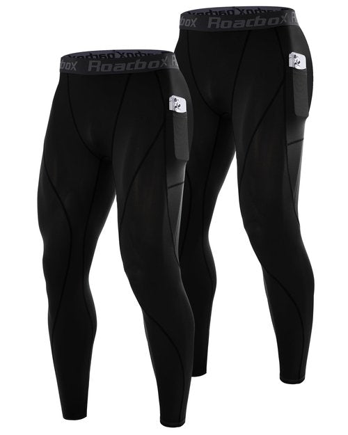 Roadbox 2 Pack Men's Compression Pants, Quick Dry Running Tights Leggings with Pockets, Athletic Base Layer for Workout Gym