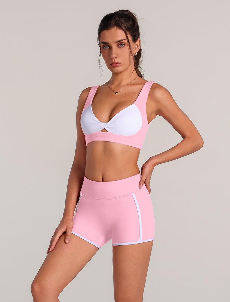 ABOCIW Workout Sets for Women 2 Piece Contrast Trims Twist Front Sports Bra High Waist Mini Shorts with Pockets Pilates Outfits Athletic Yoga Gym Sets Pink Medium