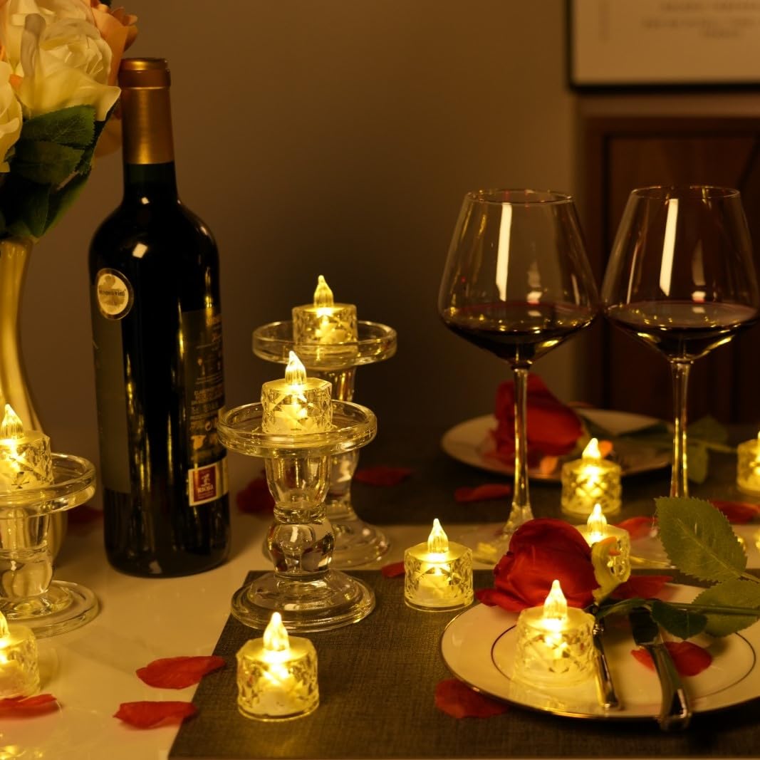 SupBri 12 Pack Crystal LED Tea Light Candles, Battery Operated, Flameless, Kids & Pets Friendly, Long Battery Life, Modern Design for Decoration, Wedding, Party, Dating, Festival Celebration, Dinner