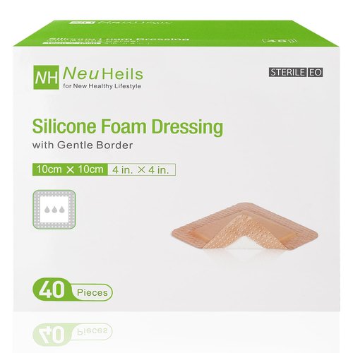 NeuHeils Silicone Foam Dressing with Gentle Border 4''x4'', 40 Pack - High Absorbency Waterproof Wound Bandage for Bed Sores, Leg Ulcers & Surgical Wounds