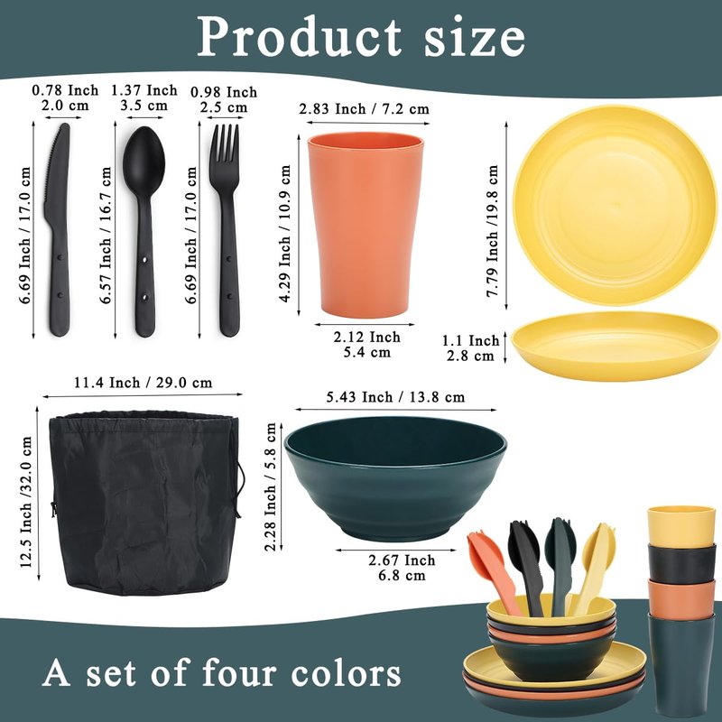 ReaNea Camping Mess Kit for 4 with Bowl, Plate, Cup, Spoon, Fork, Knife and Carry Bag, Plastic Camping Accessories Essentials Gear for Travel, Picnic, Outdoor, Easy to Carry & Store
