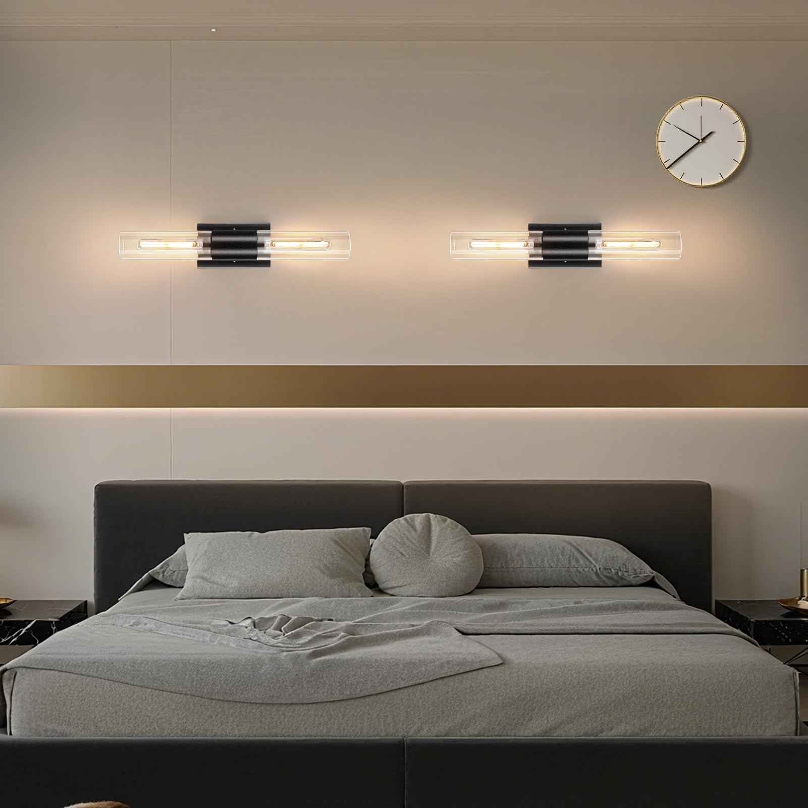 Bathroom Wall Sconces Set of Two Black , 21" Modern 2-Light Vanity Light Tube Wall Sconce, Clear Glass Indoor Hardwired Mounted Lamps for Living Room,Bedroom,Hallway-Black Clear (Bulb Not Included)