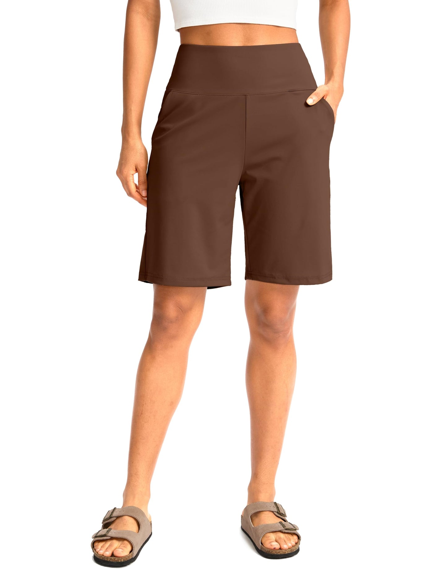 G Gradual Women's Bermuda Long Shorts with Pockets 9" High Waisted Knee Length Shorts for Women Walking Athletic Workout(Espresso,XL)
