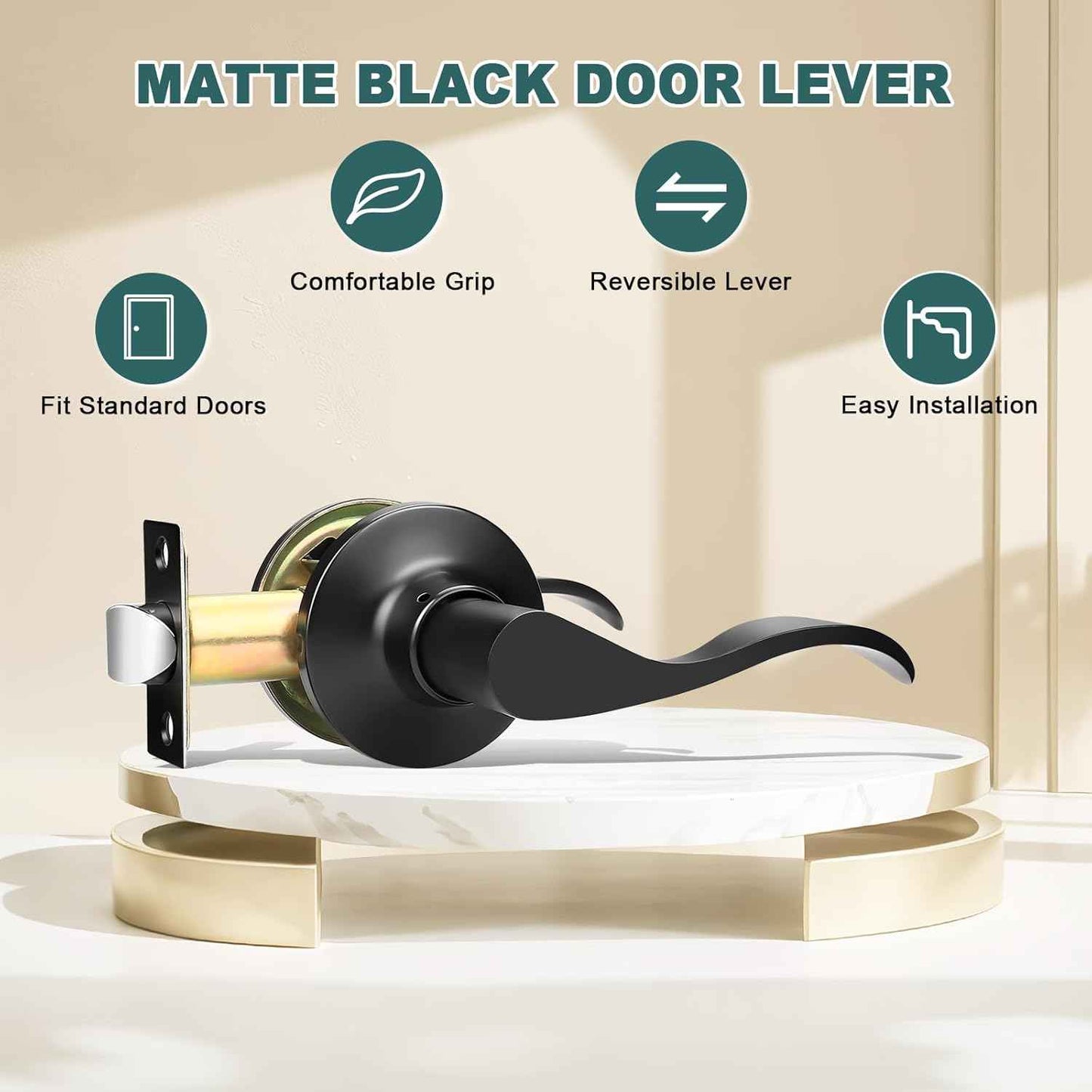 Black Privacy Door Levers - 6 Pack Keyless Modern Wave Handles for Bedrooms