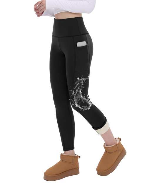 CAMPSNAIL Fleece Lined Leggings Women Water Resistant - Thick Thermal Warm Winter High Waisted Pants with Pockets for Snow