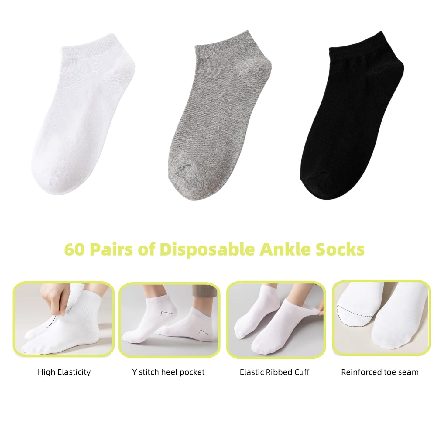 VEHICAR 60 Pairs Bulk Socks Individually Packaged, One Size Unisex Casual Athletic Sock for Running Gym Travel Trips, Low-Cut Ankle Ideal for Homeless Donation, Men & Women Universal