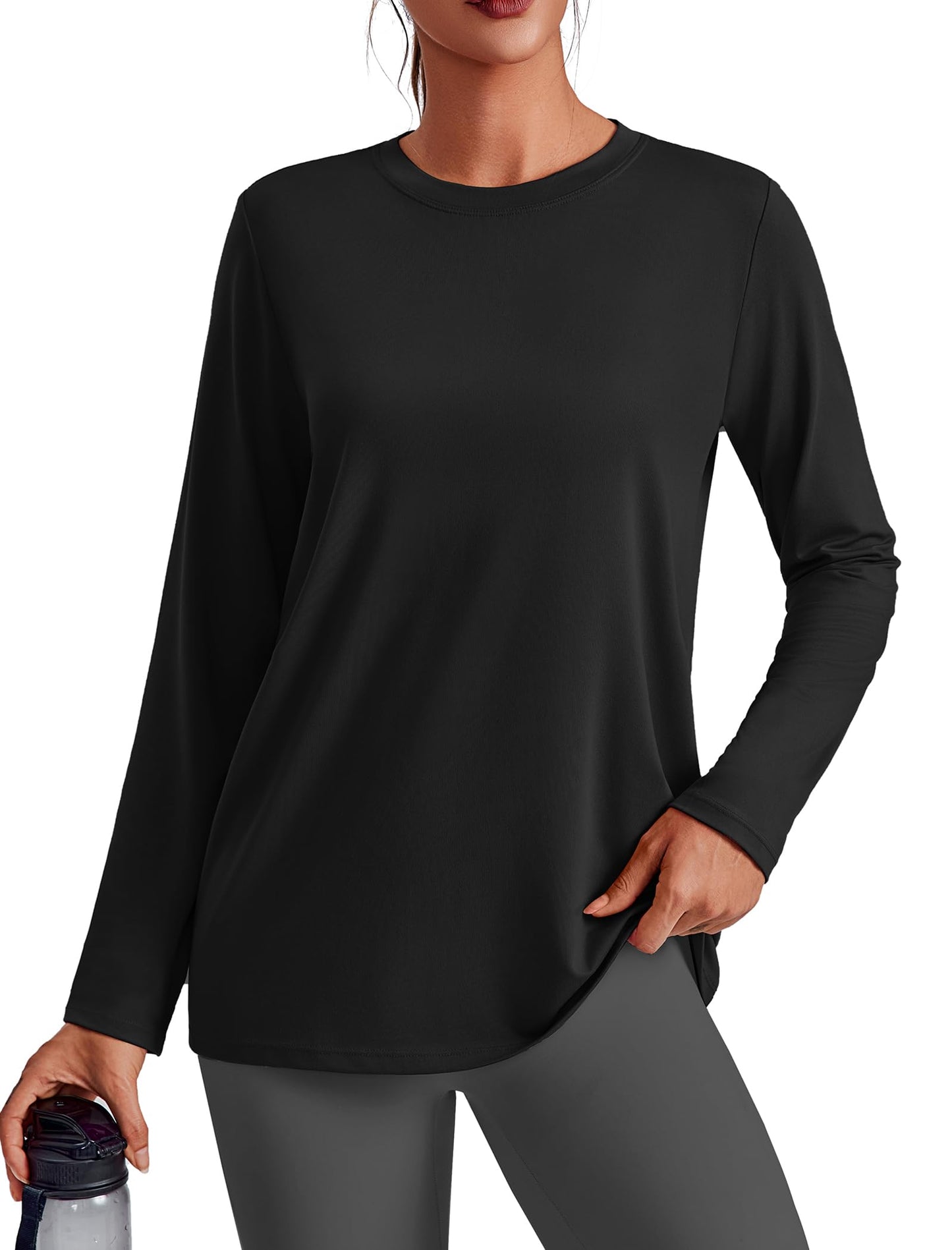 PINSPARK Long Sleeve Workout Tops for Women Solid Athletic Shirts Lightweight Yoga Shirt Stretchy Running Top Loose Fit, Black Large