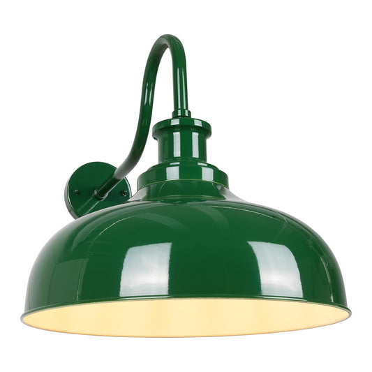 Diyel Outdoor Gooseneck Barn Light, 14 Inch Dome Rustic Outdoor Wall Sconce, Farmhouse Exterior Wall Mount Lighting Fixture, Industrial Green Wall Lantern for Porch, Entryway, Garage, RZ007M GR+WH