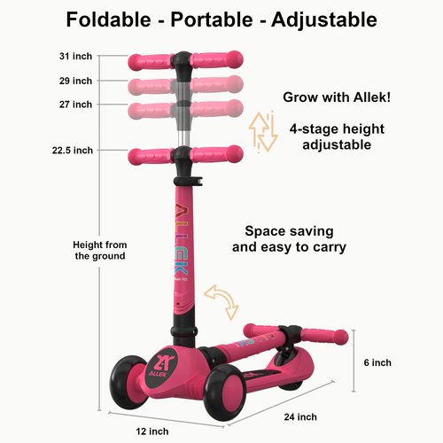 Allek Kick Scooter Foldable F02, 3-Wheel LED Flashing Glider and 4 Adjustable Height with Anti-Slip Thick Deck Push Scooter for Children 3-12yrs (Pink)