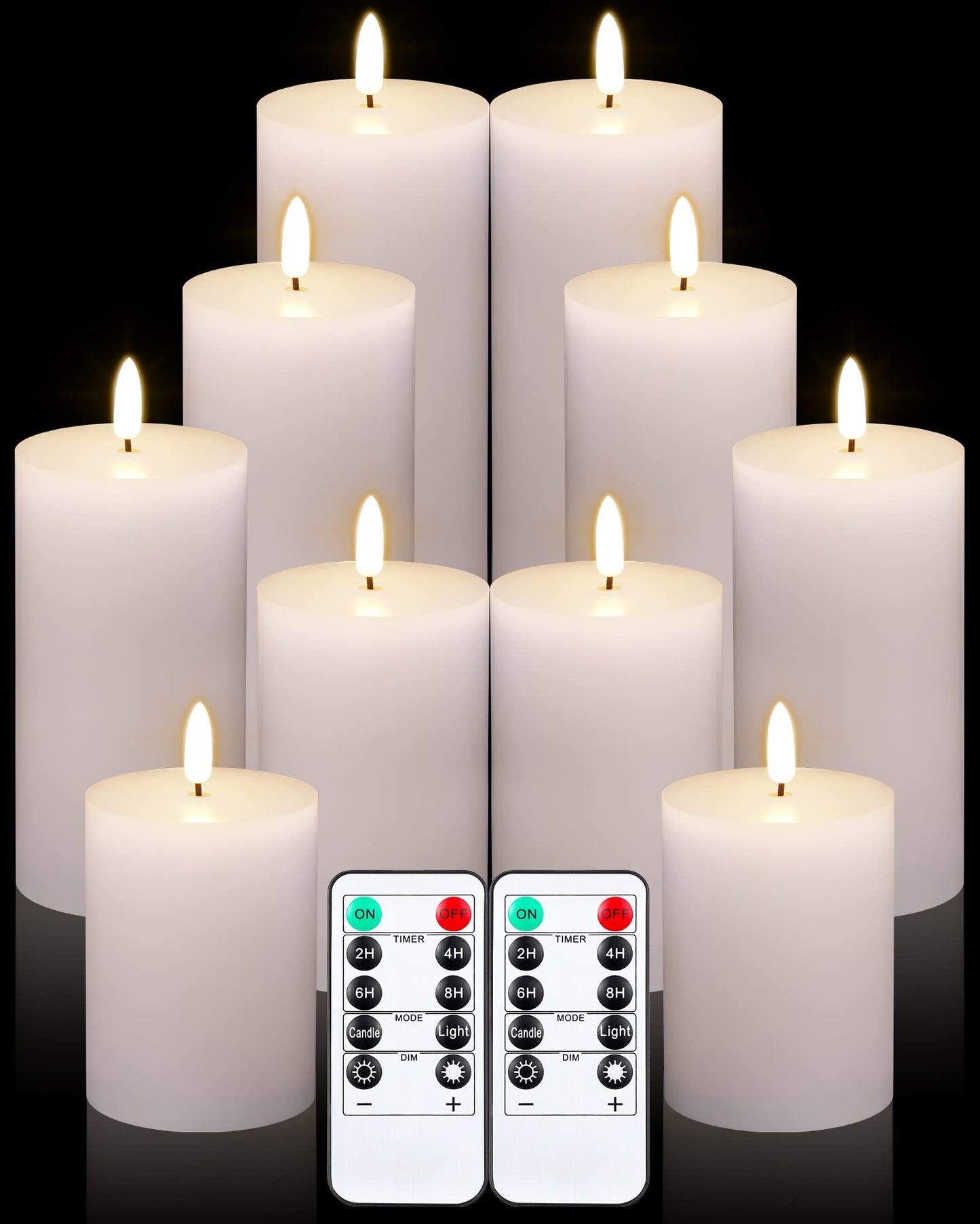 Leelosp 10 Pcs LED Flameless Candles with Remote Battery Operated Flickering Pillar Candles Fake Electric with Timer White Flat Top for Outdoor Home Decor D3 x H 4" 5" 6" 7" 8"