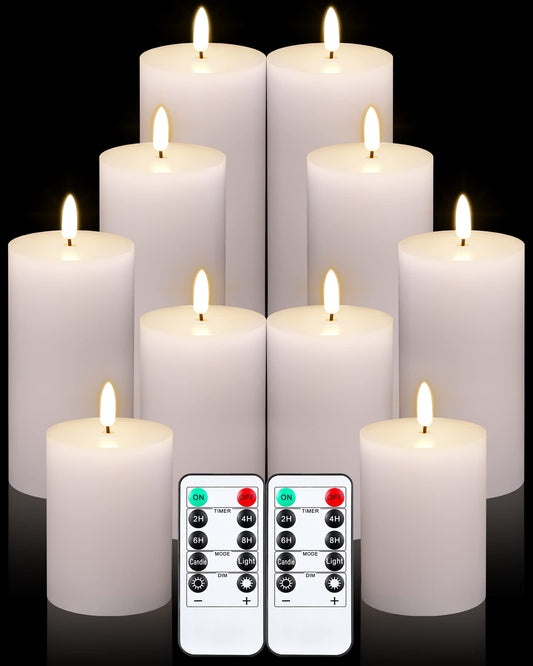 Leelosp 10 Pcs LED Flameless Candles with Remote Battery Operated Flickering Pillar Candles Fake Electric with Timer White Flat Top for Outdoor Home Decor D3 x H 4" 5" 6" 7" 8"