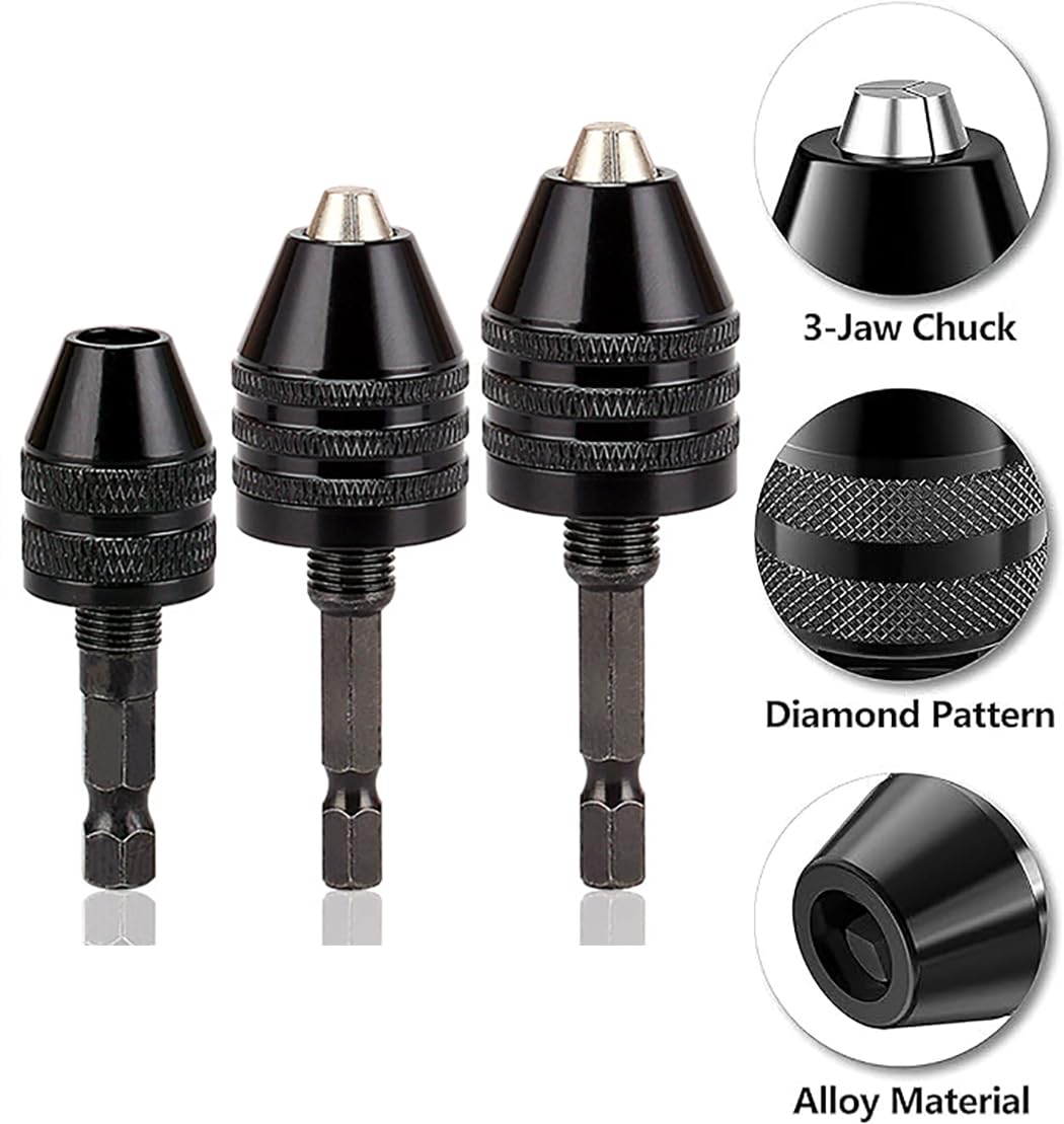 Resze Keyless Drill Chuck Adapter - 3Pcs Drill Chucks for Impact Driver, 1/4' Hex Shank Chuck Conversion Adapters