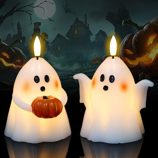 Wondise Halloween Flameless Candles with 6hrs Timer Spooky Ghost, Battery Operated Candles Halloween 3D Flickering Wick Real Wax 2 Packs Halloween Candles for Halloween Decoration Gift （D 3.5" x H 5"