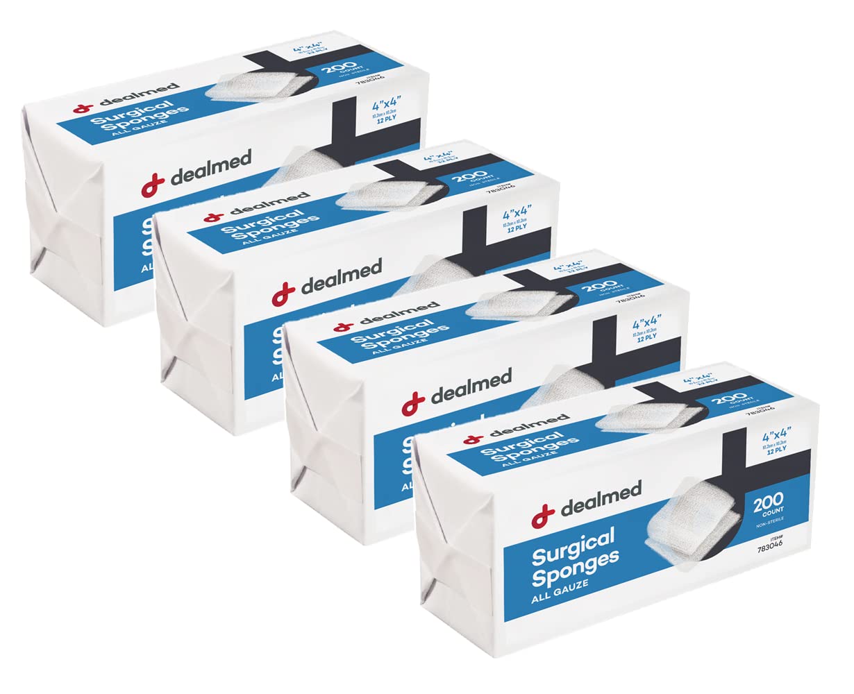 Dealmed 4" x 4" Surgical Sponges, 12-Ply, Absorbent Woven Gauze Pads, Non-Sterile Wound Care for First Aid Kit and Medical Facilities, 200 Count (Pack of 4)