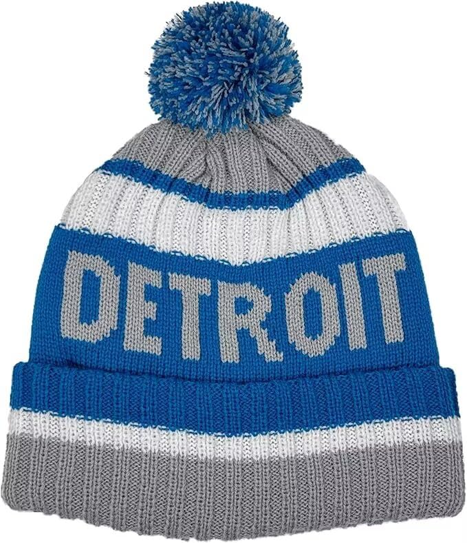 Detroit Beanie Knit Hat with Pom - Winter Cuffed Cap for Fans
