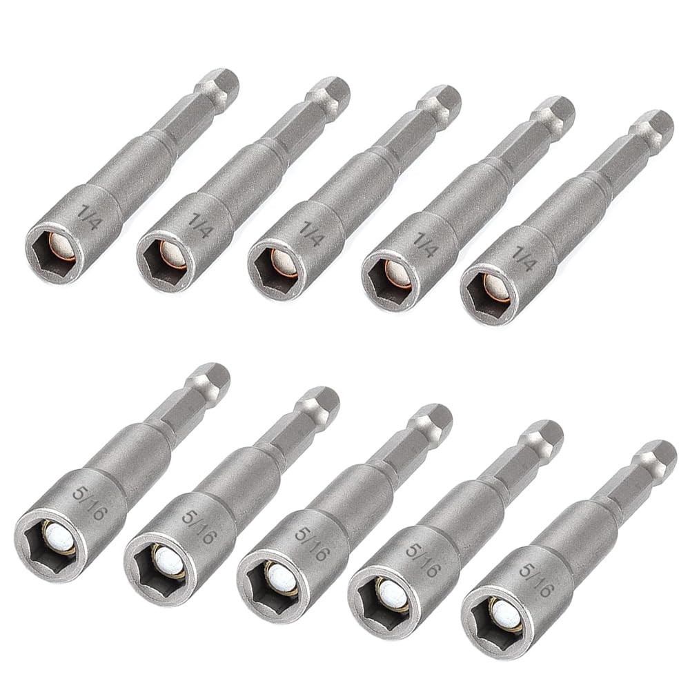 Saipe 10pcs SAE 1/4” and 5/16” Magnetic Nut Driver Bit Set, 1/4 inch Driver Power Nut Setter Drill Bits for Impact Drill, Socket Adapter Hex Nut Driver Set, 65mm Length