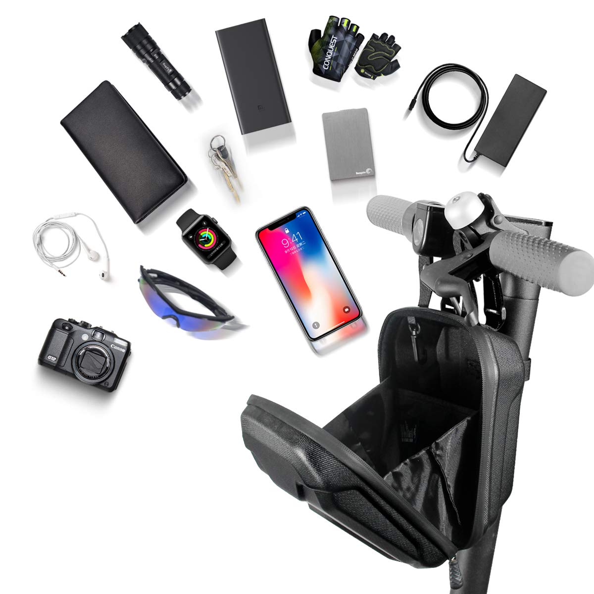 MOZOWO Scooter Storage Bag, Rainproof Electric Scooter Handlebar Bag, Hard Shell Front Bag Fit for Carrying Charger Tools, Repair Tools, 2.5L Large Capacity for Kick Scooters Folding Bikes