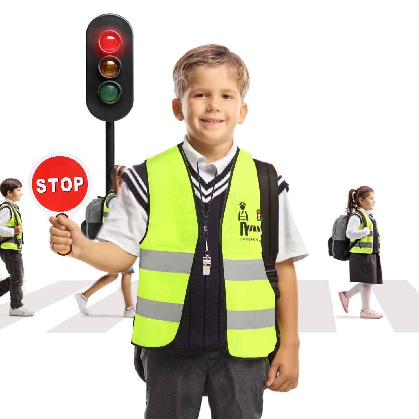 Yewong Kids Crossing Guard Kit Traffic Reflective Safety Vest Double-Sided Stop Go Sign Gloves Whistle for Schools Teaching Career Costume