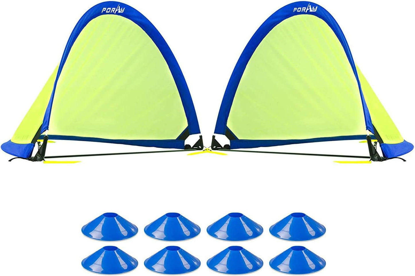 Poray Soccer Goal - Easy-Up Portable Soccer Net Set of 2 with 8 Field Marker Cones & Extra Stakes