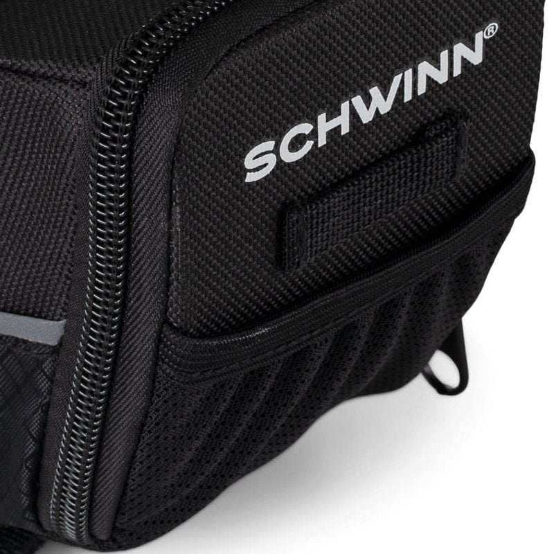 Schwinn Seat Pack for Bicycles, Black, Wide Opening Zipper Closure, Easy Installation, Reflective Piping, Compatible with Most Adult Bikes, Storage for Tube, Wallet, Keys and More, Bike Seat Bag