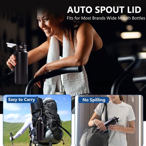 Auto Spout Lid for Hydro Flask Wide Mouth 12-64 oz Bottles, Flip Top Replacement Lid for Other Brands Wide Mouth Bottles with Button Lock & Soft Handle
