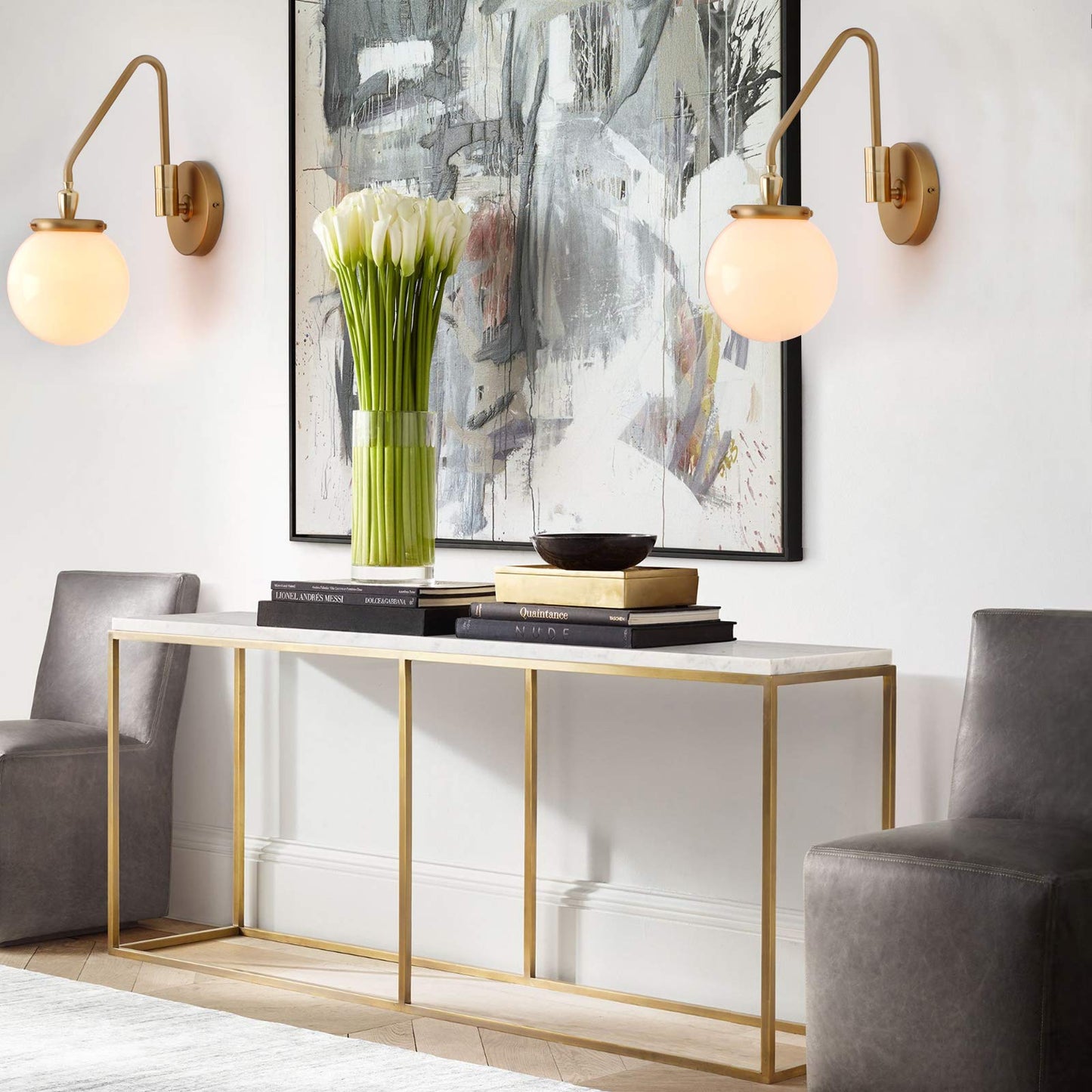 Pathson Vintage Hardwired Wall Sconce Lighting Milk White Globe, Adjustable Swing Arm Bedside Wall Lamp E26 Base, Wall Light Fixture for Bathroom Bedroom Living Room (Antique)