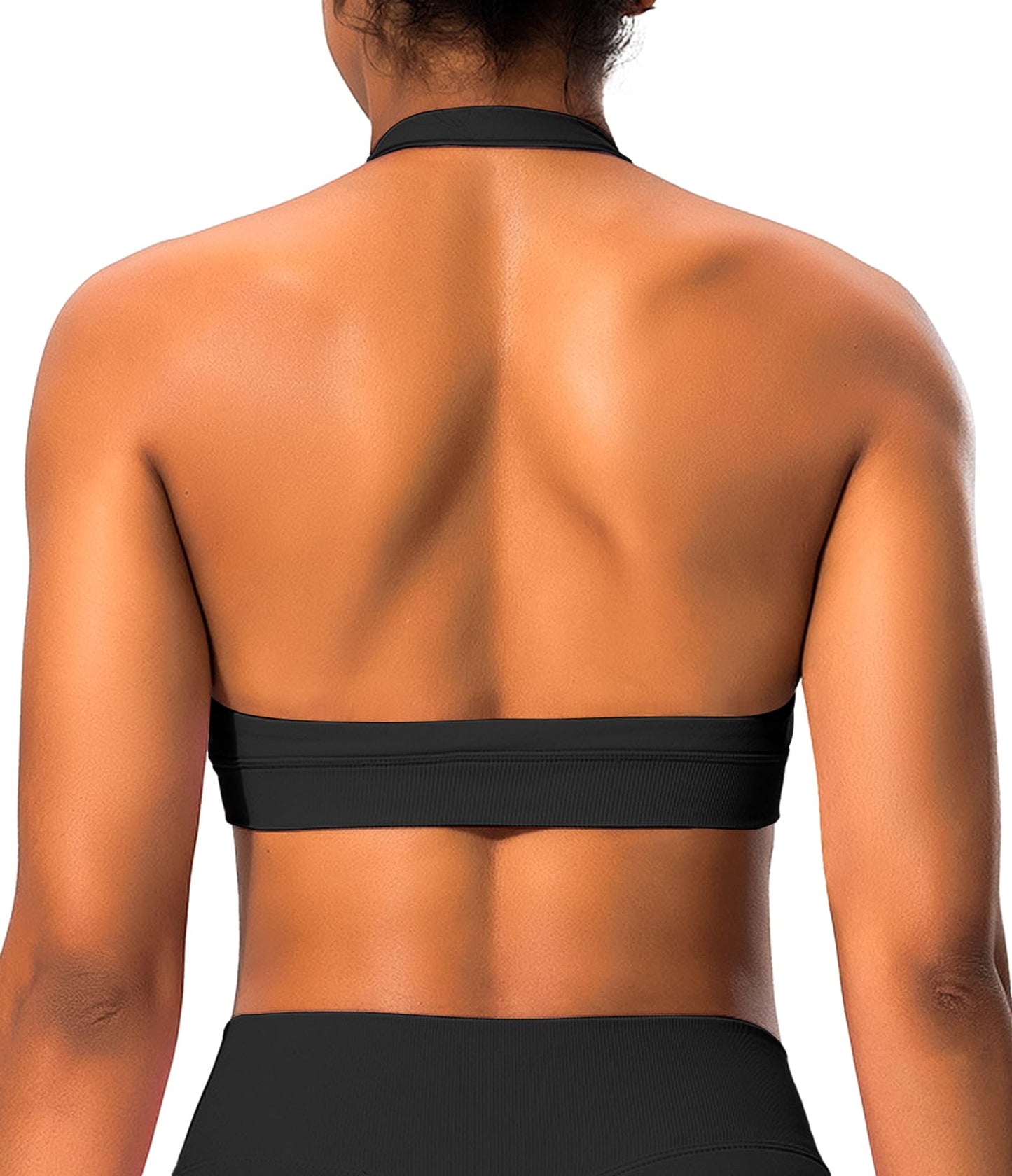 Comper Halter Sports Bras for Women Backless Workout Bra Seamless Open Back Strappy Yoga Bra Crop Top with Removable Cups(Black+L)