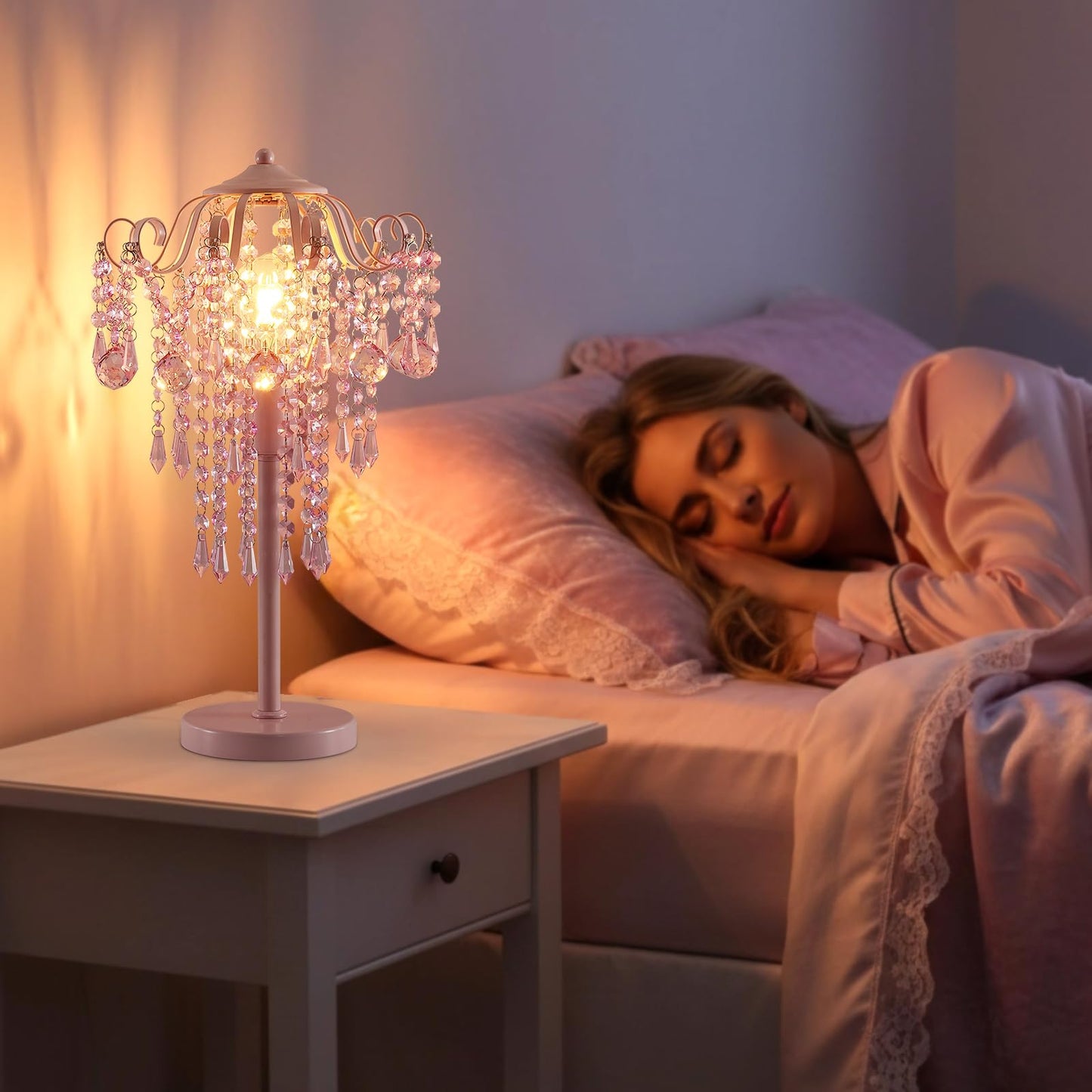 MEIXISUE Small Pink Crystal Bedside Table Lamp End Table Lamp Nightstand Lamp for Bedroom Living Room Office H20.4'' W11.81'' 1-Light E26