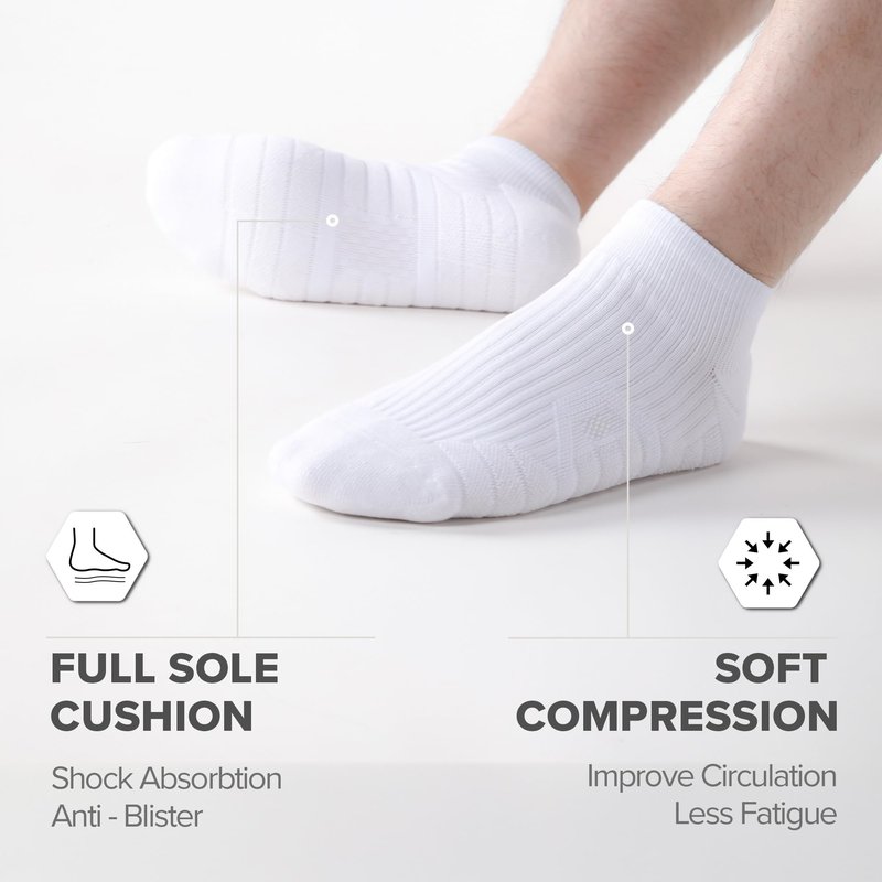 Running Socks Men Women, Cushion Padded Anti-Blister, Coolmax Moisture Wicking Cooling, Targeted Compression, Ankle Low Cut No Show Walking Hiking Tennis Golf Gym Athletic Socks (Medium, White)