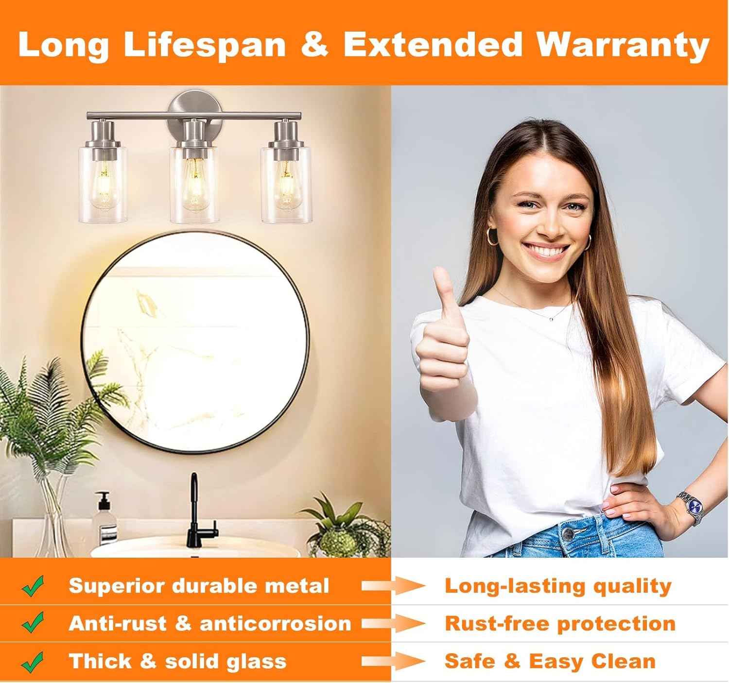 Modern Black 3-Light Bathroom Vanity Light Fixtures with Clear Glass Shades - 2 Pack