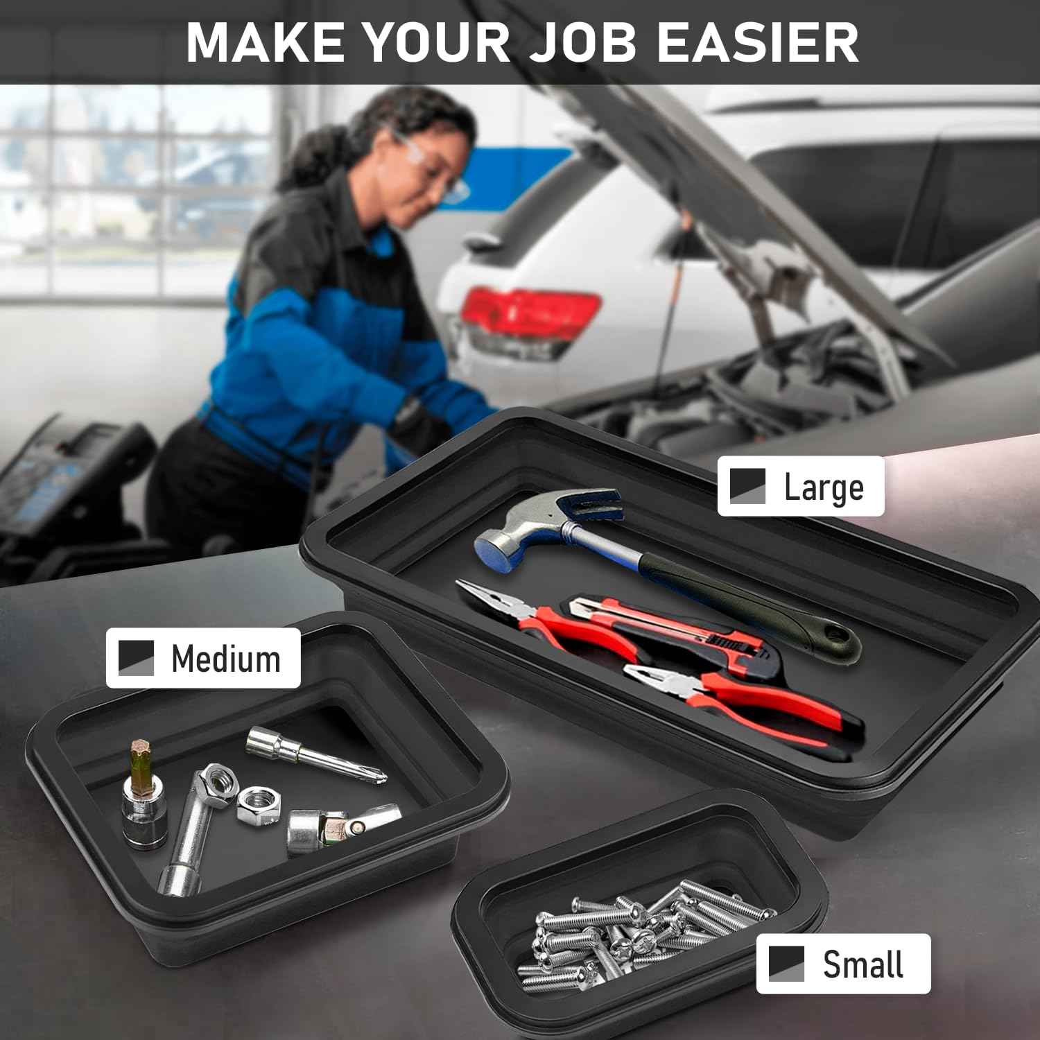 ARTIPOLY Collapsible Magnetic Parts Tray Set, 3 Different Size Foldable Silicone Magnetic Tool Trays for Bolts, Screws, Nuts and Other Small Metal Parts, Mechanic Tool for Men