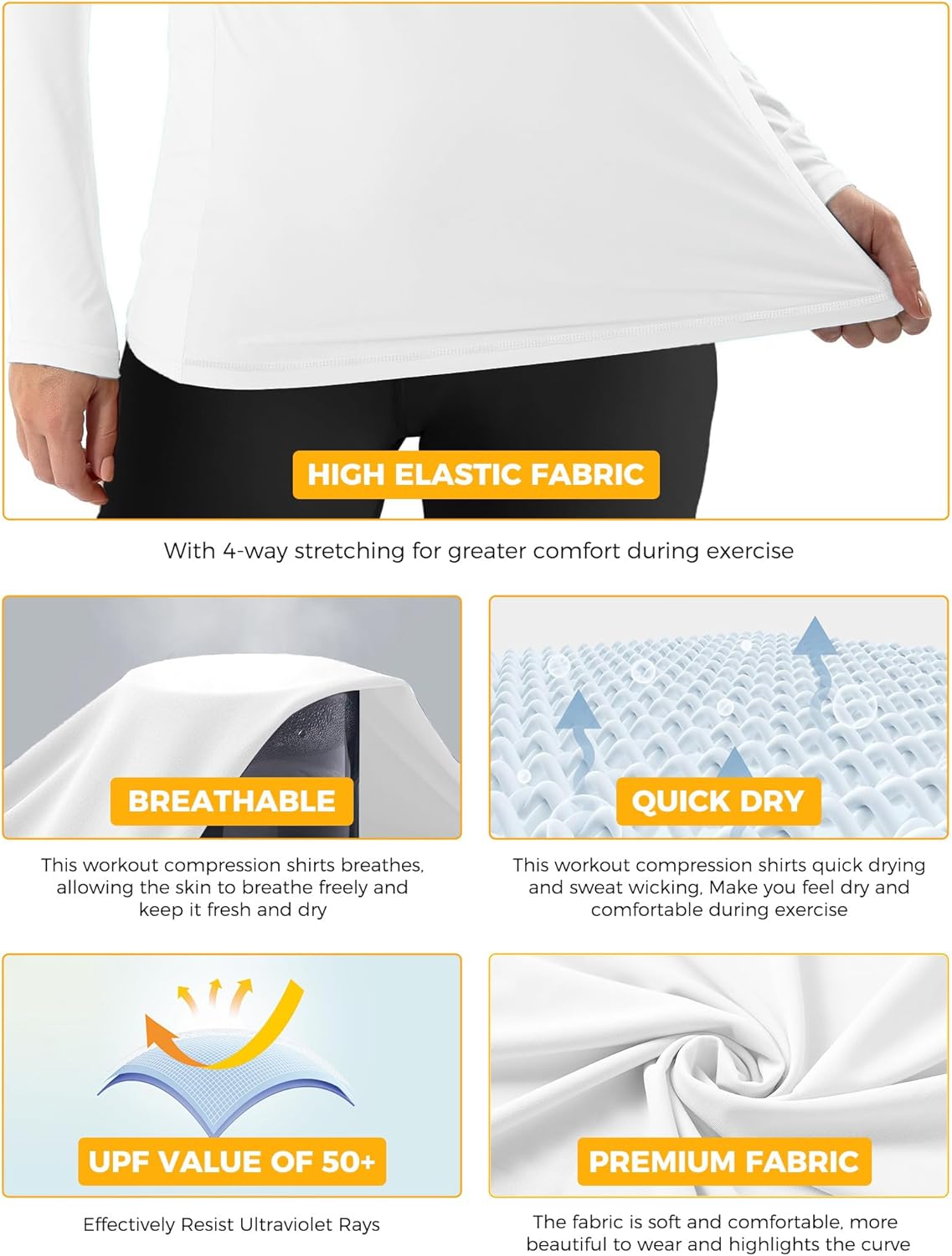 Skiennix Rash Guard for Women - UPF50+ Long Sleeve UV Protection Shirt | Quick Dry, Large, White