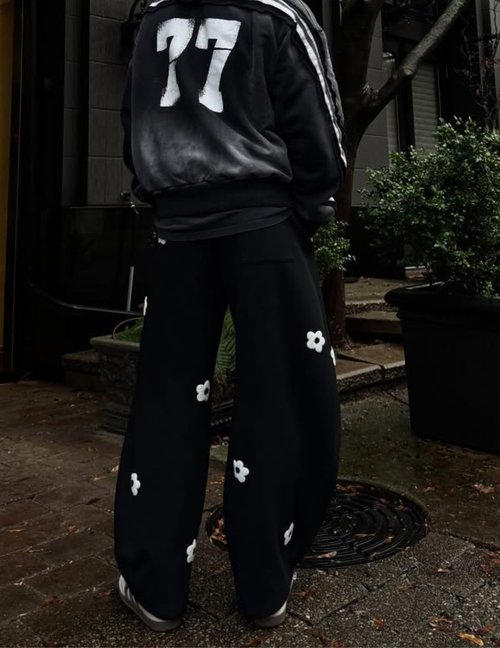 Aelfric Eden Baggy Wide Leg Sweatpants Flower Embroidery Casual Y2K Elastic Drawstring Lantern Barrel Lounge Trouser Pants Black L