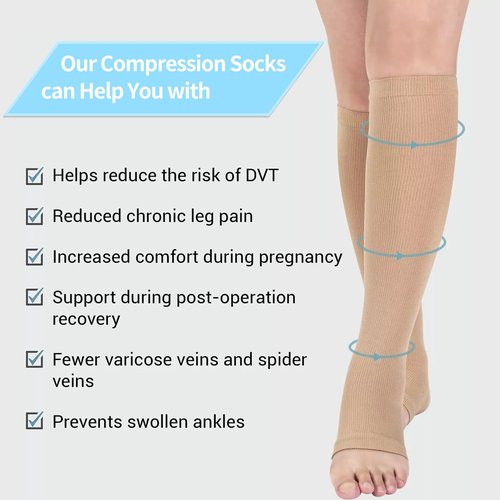 Sheer Compression Socks for Women and Men, 15-21 mmHg , Open Toe, Knee High Length Compression Stockings for Varicose Veins, DVT, Edema, Running, Nursing (L)
