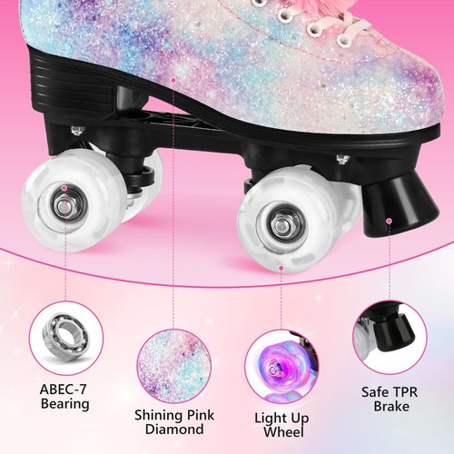 LEVYTEMP Roller Skates for Women, Men Light-Up Wheels Double-Row Rollerskates High-Top PU Leather Classic Designs Glitter Skate Shoes for Girls Beginners with a Shoes Bag Size 7 Indoor Outdoor