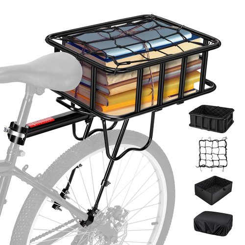 Rear Bike Rack with Basket, 110 LB Capacity Universal Bike Basket Rear, Aluminum Alloy Bike Cargo Rack for Back of Bike with Free Bungee Cord & Waterproof Cover & Installation Tool