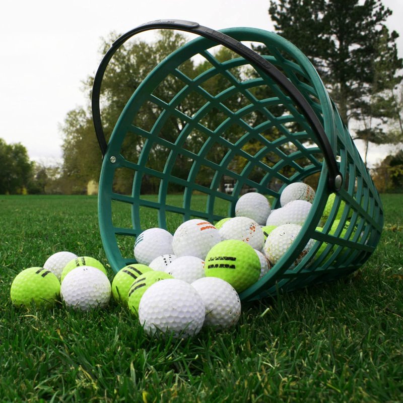 YARNOW Golf Ball Basket with Foldable Handle, Nylon Mesh, Capacity for 50 Balls, Weather-Resistant Portable Container, Green, 7.9 x 5.9 Inch, for Golf Practice and Storage
