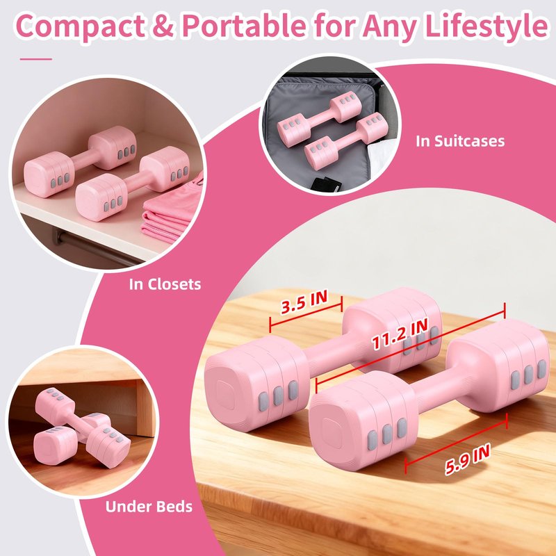 Nimsqury 11LB Adjustable Dumbbell Set, 4 Levels Hand Weight Set for Women/Men Each 2.2/3.3/4.4/5.5LB, Weights Dumbbells for Home Gym Exercise & Fitness (Pink)