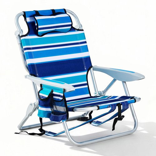 Canpsky Portable Beach Chair for Adults, Outdoor Camping Chair Lay Flat Folding Backpack Beach Reclining Chair with 5 Positions, Headrest, Cup Holder, Heavy Blue Striped