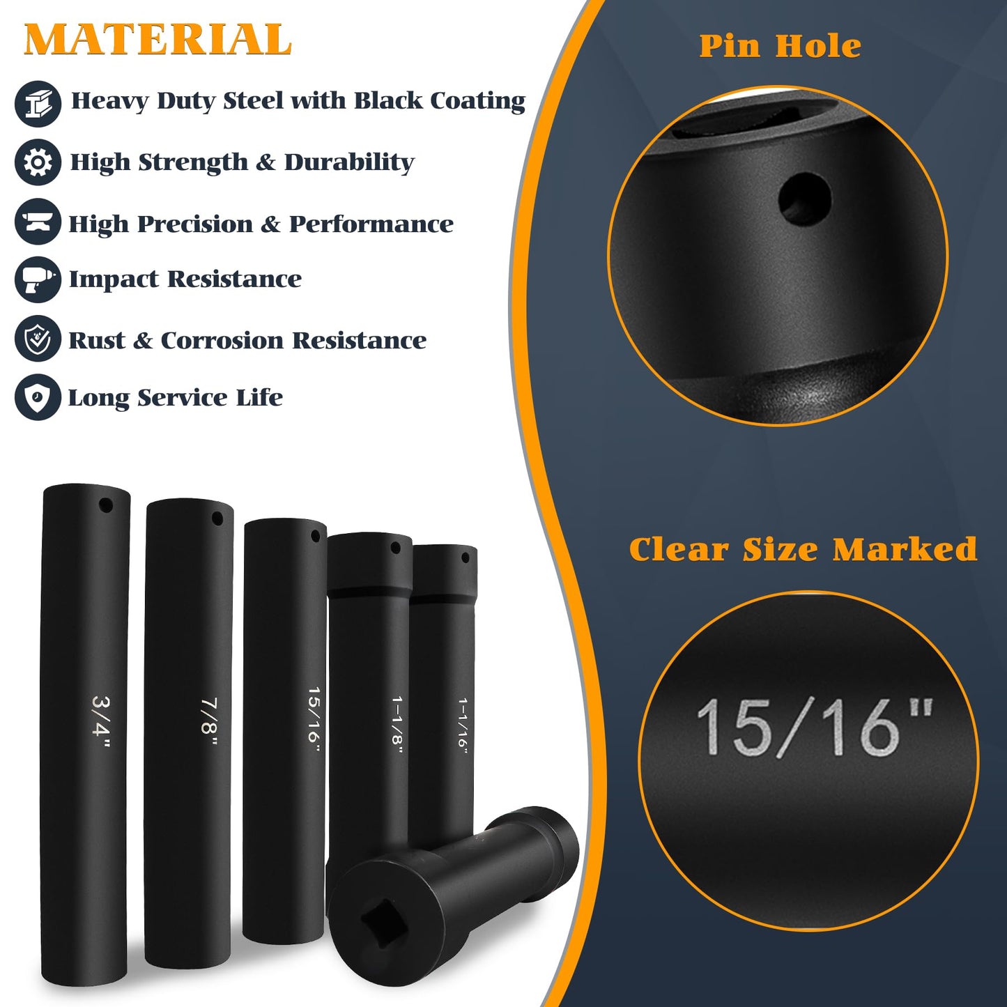 V-SEK 6.75 Inch Long Extended Length Impact Socket Set 1/2 Inch Drive Extra Deep Sockets Heavy Duty Steel With Hex Sizes 3/4" 7/8" 15/16" 1-1/16" 1-1/8" 1-1/4" for High Torque Use 6PCS