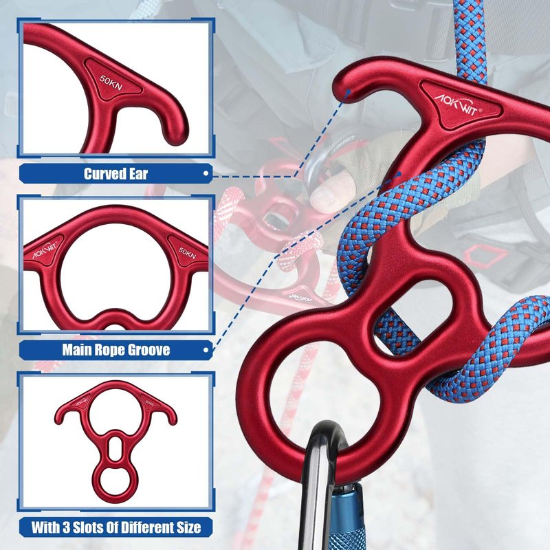 50KN Rescue Figure, 8 Descender Large Bent-Ear Belaying and Rappelling Gear Belay Device Climbing for Rock Climbing Peak Rescue 7075 Aluminum Alloy (Red)