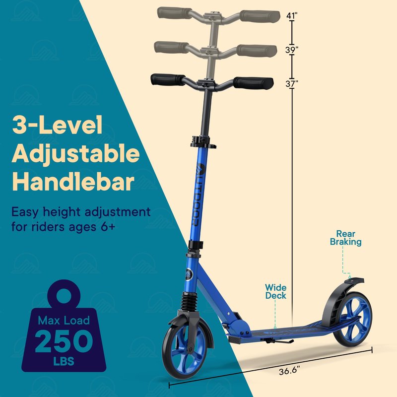 Outdoor Cruiser Kick Scooter for Ages 6+, for Kids, Teens, and Adults, Max Load 250 LBS, Foldable, 8-inch Wheels for Kids and Adults, Dual Suspension, 3 Adjustable Levels, Child Safety Approved, Blue
