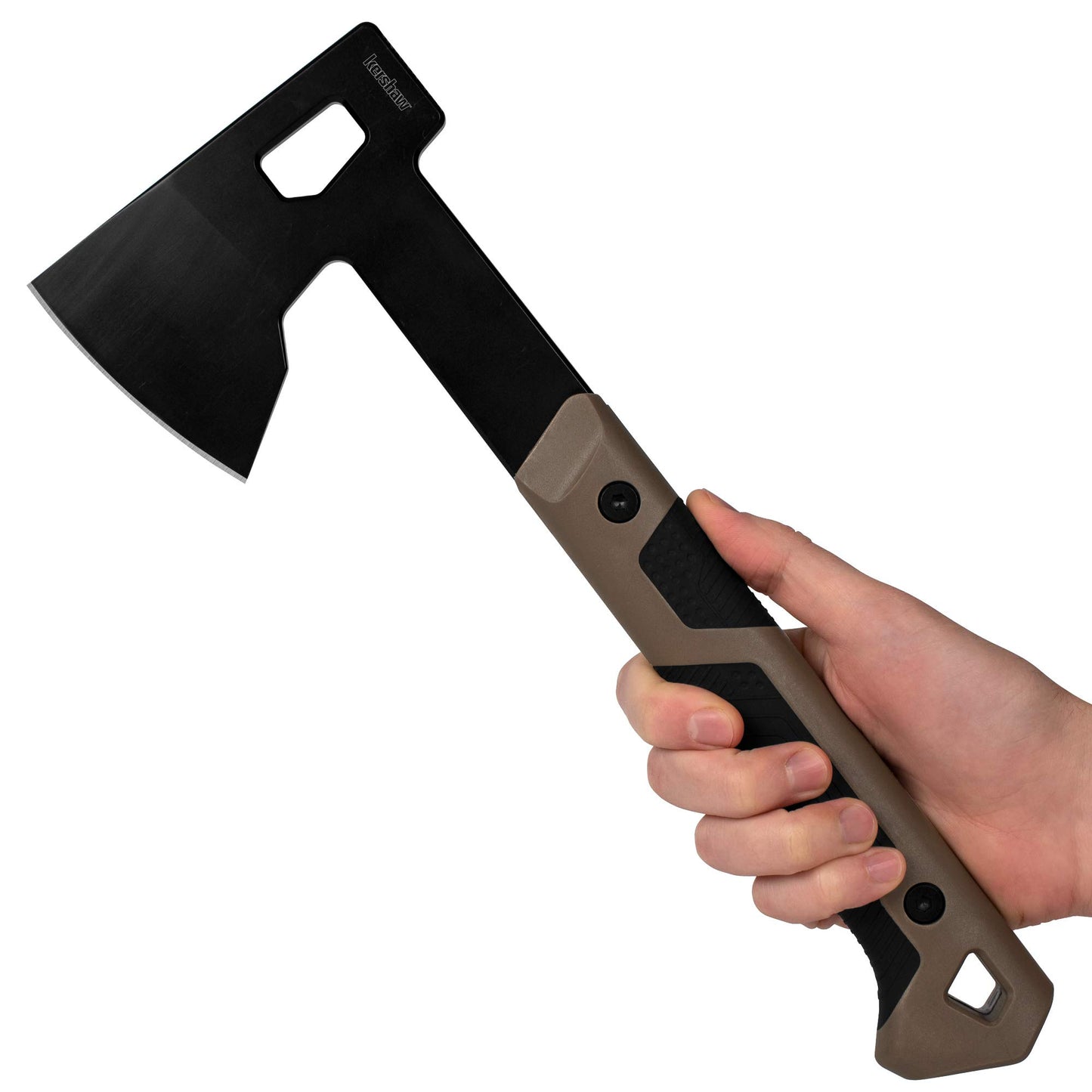 Kershaw Deschutes Skinner Hatchet Camp Ax, Tan Design, 14 Inch Overall Length, Stainless Steel Fixed Head, Full Tang, EDC, Molded Sheath with Straps, Hatchet Axe for Camping, Backpacking and More