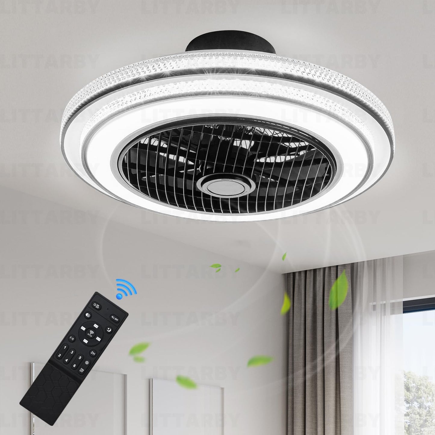 22 Inch Enclosed Bladeless Ceiling Fans with Lights and Remote, Dimmable LED Brightness DC Motor Morden Low Profile Flush Mount Ceiling Fan with Light for Bedroom, Kitchen, Living/Dining Room